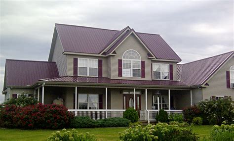 burgundy metal roof white house|light blue metal roof.